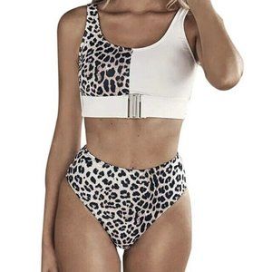 Floerns Womens High Waist Leopard Bikini Buckle Front Two Piece Cheetah Swimsuit